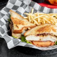 Grilled Chicken Sandwich · Grilled chicken, bacon, Swiss cheese, lettuce, tomato, red onion, chipotle honey mustard, to...