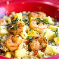 Blackened Shrimp Rice Bowl · Blackened shrimp, pineapple, cilantro, honey, and fresh lime.
