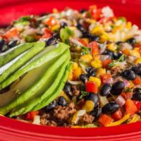 Fiesta Rice Bowl · Ground beef, cheddar Jack cheese, black bean salsa, homemade salsa, and avocado.