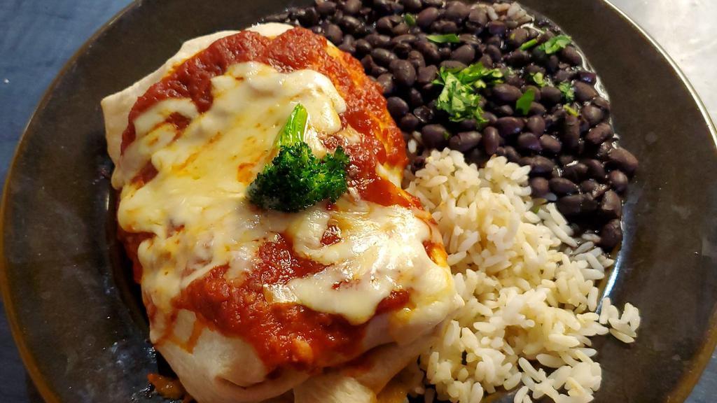 Big Vegetable Burrito · Served with black beans and rice.
