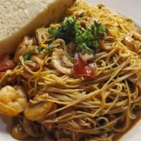 Angel Hair Pasta · Angel hair pasta - shrimp, tomatoes, garlic, mushrooms, fresh spinach, balsamic dressing, ol...