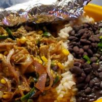 Roast Pork · shredded with salsa verde, red onions, corn, and peppers served with rice, black beans and c...