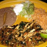 Pollo Asado · Chicken breast seasoned and grilled. Served with rice, beans, guacamole, sour cream, cheese,...
