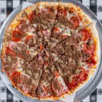 Cowtown Lovers · pepperoni, sausage, beef, Canadian bacon, romano cheese.