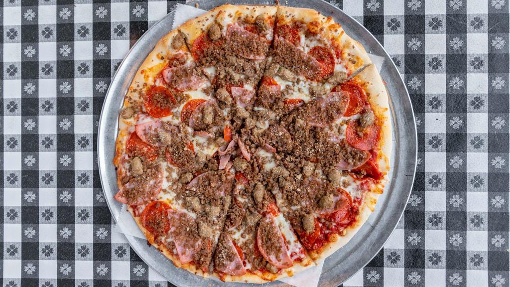 Cowtown Lovers · pepperoni, sausage, beef, Canadian bacon, romano cheese.