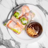 Gỏi Cuốn / Fresh Spring Rolls · Two pieces. Shrimp, red roast pork with peanut sauce.