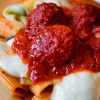 Rigatoni With Veal Meatballs · Baked with escarole, fresh mozzarella cheese and marinara. Served with club lucky’s famous h...