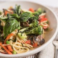 Linguine Primavera · Sauteed broccoli, peas, carrots, peppers, and mushrooms, tossed in aglio e olio, parmesan, a...