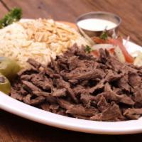 Meat Shawarma Plate · Gluten free. Marinated, slow-roasted and shaved off a rotisserie skewer. Served with choice ...