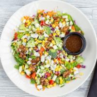 Vegetarian Chopped Salad · Gluten-free, Vegetarian.Romaine lettuce, zucchini, broccoli, corn, red cabbage, carrots, tom...