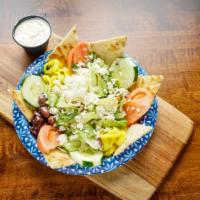 Greek Salad · Dressings: creamy, garlic, cucumber sauce, and oil vinegar.