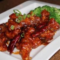General Tso'S Chx  -- Sp · Hot! Crispy chicken chunks served in a rich spicy sauce with hot red pepper sauce.