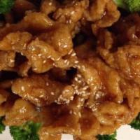 Sesame Chicken - L · Tender chicken marinated in egg white dipped in batter and quickly fried until crispy then s...