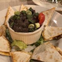 Black Bean Dip & Cheese Quesadilla · Gluten free and vegan option. Beans & Barley's own black bean dip, served with an appetizer-...
