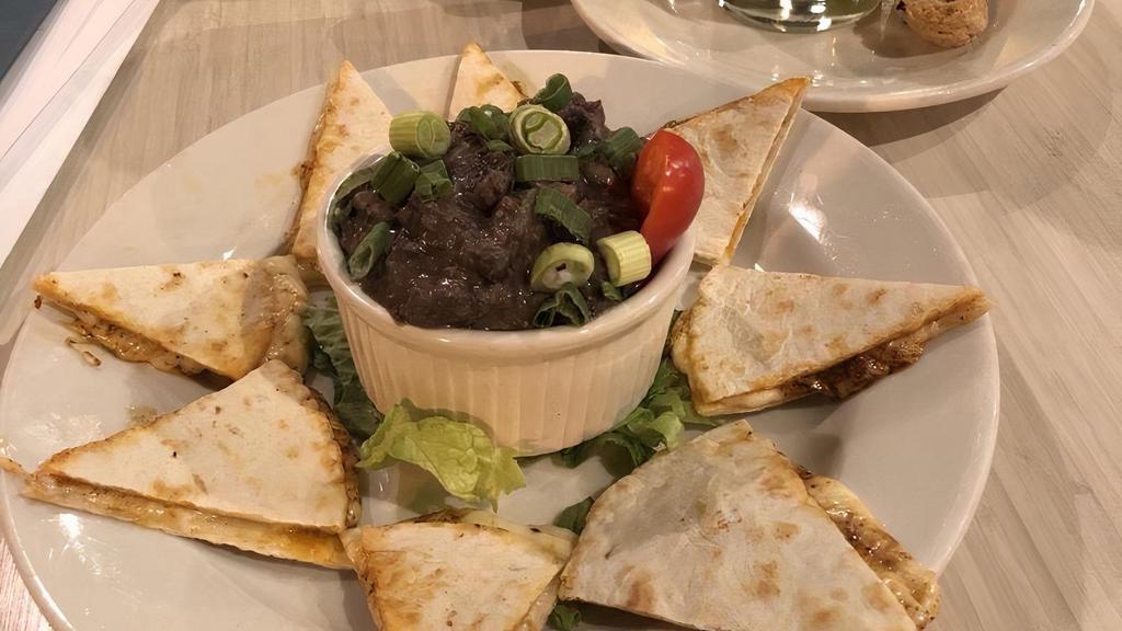 Black Bean Dip & Cheese Quesadilla · Gluten free and vegan option. Beans & Barley's own black bean dip, served with an appetizer-sized cheese quesadilla.