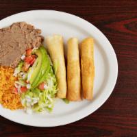 Flautas · Corn tortilla (hard} chicken or shredded beef with rice, beans, lettuce, tomatoes, onions, a...
