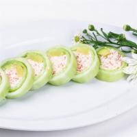 Hawaiian R · Crab salad, avocado and pineapple wrapped in cucumber.