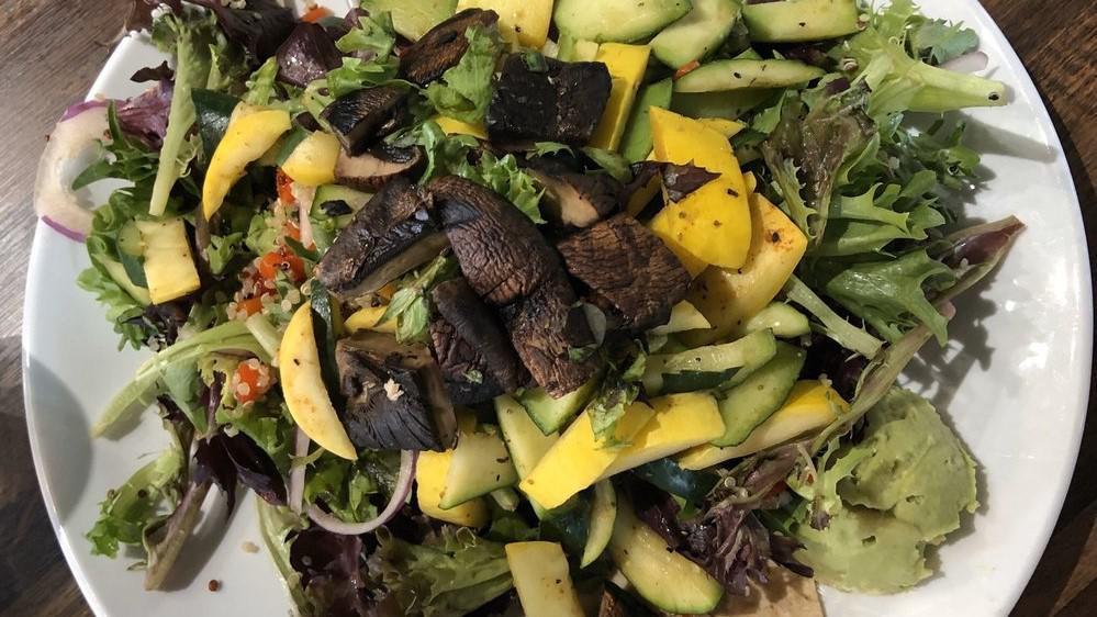 Grilled Veggie · Feld greens, grilled zucchini and yellow squash, grilled portabella mushroom, roasted red peppers, red onion, avocado, and balsamic vinaigrette.