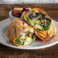 Grilled Veggie Wrap · Sun-dried tomato wrap, field greens, grilled zucchini and squash, grilled portabella mushroo...