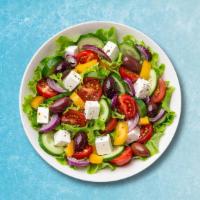 Greek Salad Gest · Romaine lettuce, olives, grape tomatoes, onions, cucumbers, feta cheese and red pepper.