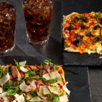 Flat Date · Two flatbreads of your choice and two drinks.