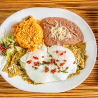 Chilaquiles · Corn tortilla with eggs, cooked in your choice of red or green sauce and topped with cheese.