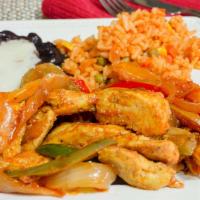 Chicken Fajitas · Includes cooked bell peppers, sweet pepper, tomato, and onions. Includes rice and beans on t...