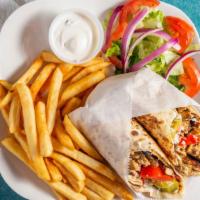 Chicken Shawarma Wrap · Includes garlic sauce, tomatoes and Arabic pickle.