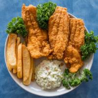American Catfish Dinner · Includes slaw, fries, pop.