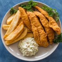 Whiting (Dinner) · Firm flaky fish. includes slaw fries and pop.