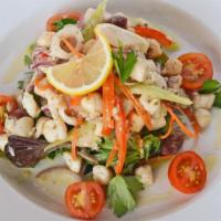 Insalata Di Mare · Shrimp, scallops, calamari, mixed greens, red pepper, olive oil, lemon juice.