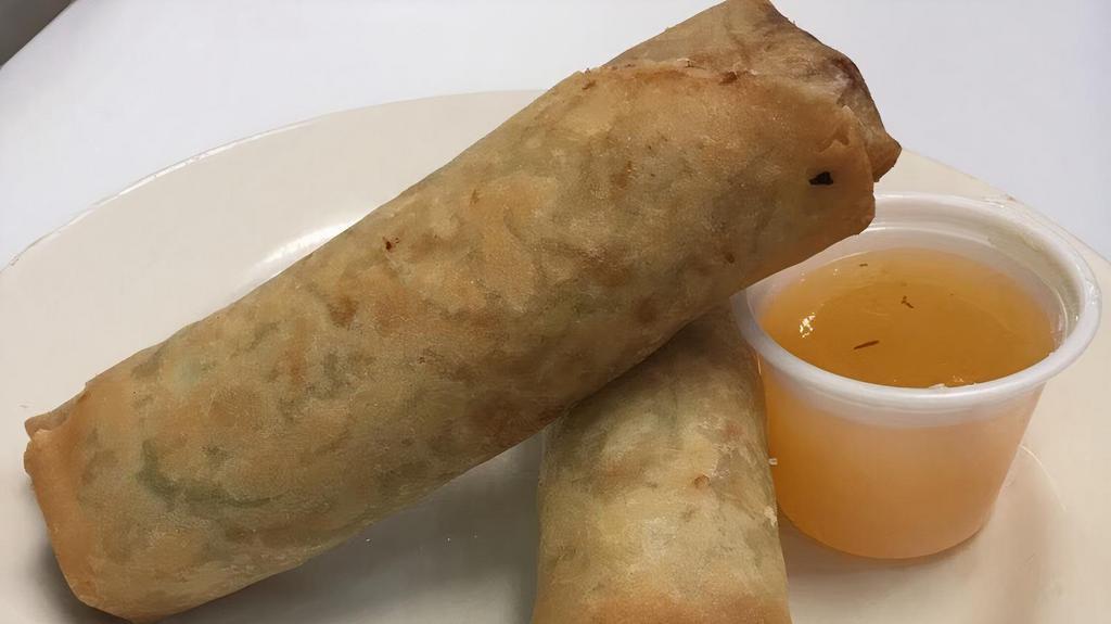 Spring Roll (2 Pieces) · Cabbage, carrot, celery and bean thread noodle wrapped in crispy spring roll shell served with plum sauce.