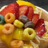 Mango Strawberry · Mango, strawberry and mango syrup. Topping: mango, Strawberry, fruit loops, and strawberry s...