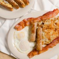 Yiayias Big Breakfast · Your choice of two pancakes, french toast, or mini waffle, includes two eggs any style, two ...