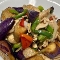 Spicy Eggplant · Spicy. Stir fried eggplant, bell pepper, onion, scallion, hot pepper, basil leaves with brow...