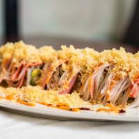 8 Piece Cherry Blossom Special Roll · Shrimp, cucumber and mango inside, topped with marinated crab meat and eel sauce.