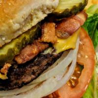 Bacon Cheeseburger · Fresh, never frozen black angus steak burgers 1/3 lb. with onions, tomato, lettuce, mustard,...