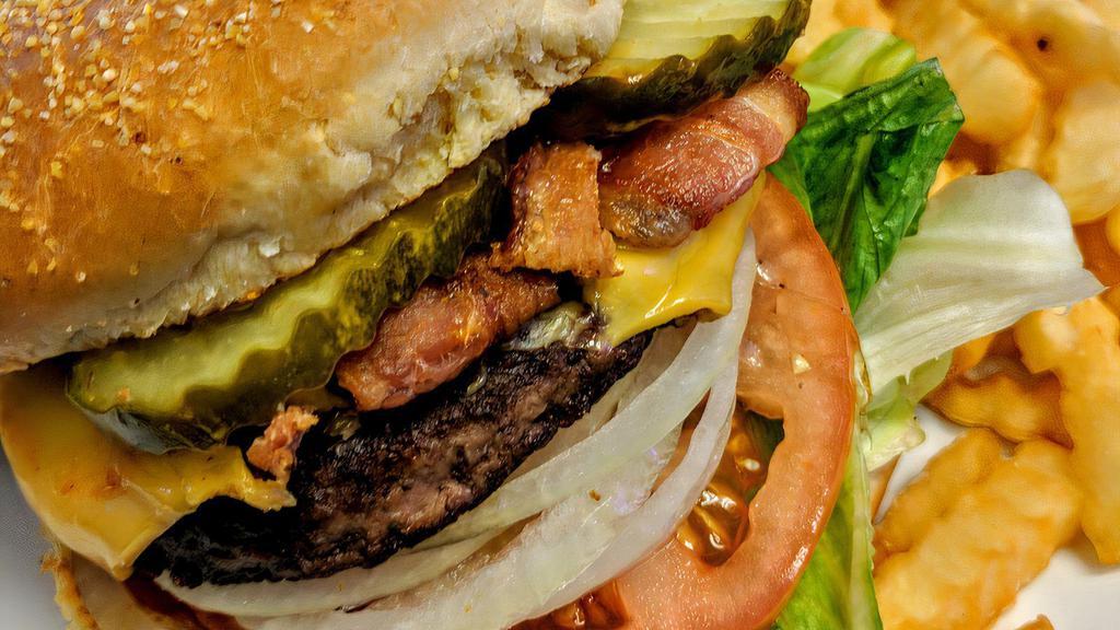 Bacon Cheeseburger · Fresh, never frozen black angus steak burgers 1/3 lb. with onions, tomato, lettuce, mustard, ketchup,lettuce, and pickle.