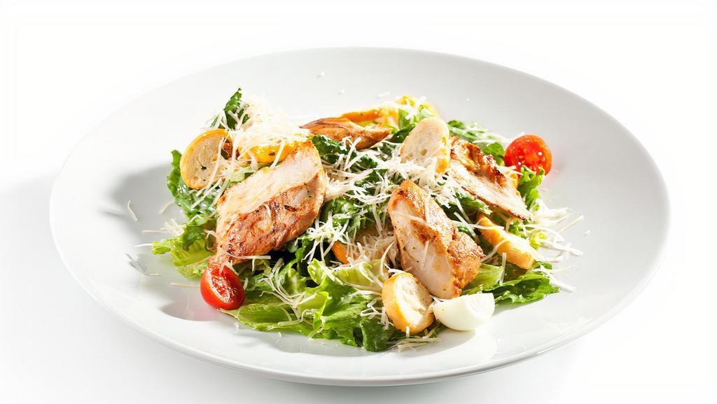 Chicken Caesar Salad · Romaine lettuce, grilled chicken breast, and Caesar dressing on the side.