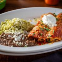 Beef Enchilada · 2 enchiladas served with rice and beans. Braised short rib, red or green sauce, sour cream