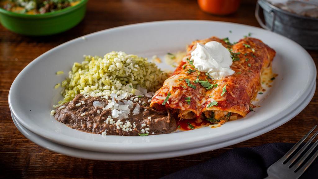 Beef Enchilada · 2 enchiladas served with rice and beans. Braised short rib, red or green sauce, sour cream