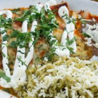 Portabello Enchilada · 2 enchiladas served with rice and beans. Roasted poblano, red pepper, onion, sour cream