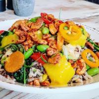 Bowl Lotta Love · Vegan, gluten free. Brown rice and quinoa grain bowl, peppers, brussel sprouts, pineapple-tu...