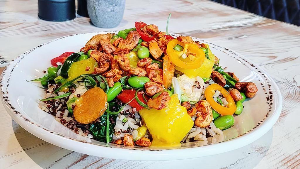 Bowl Lotta Love · Vegan, gluten free. Brown rice and quinoa grain bowl, peppers, brussel sprouts, pineapple-turmeric chutney, edamame, jalapeño, spicy peanuts.