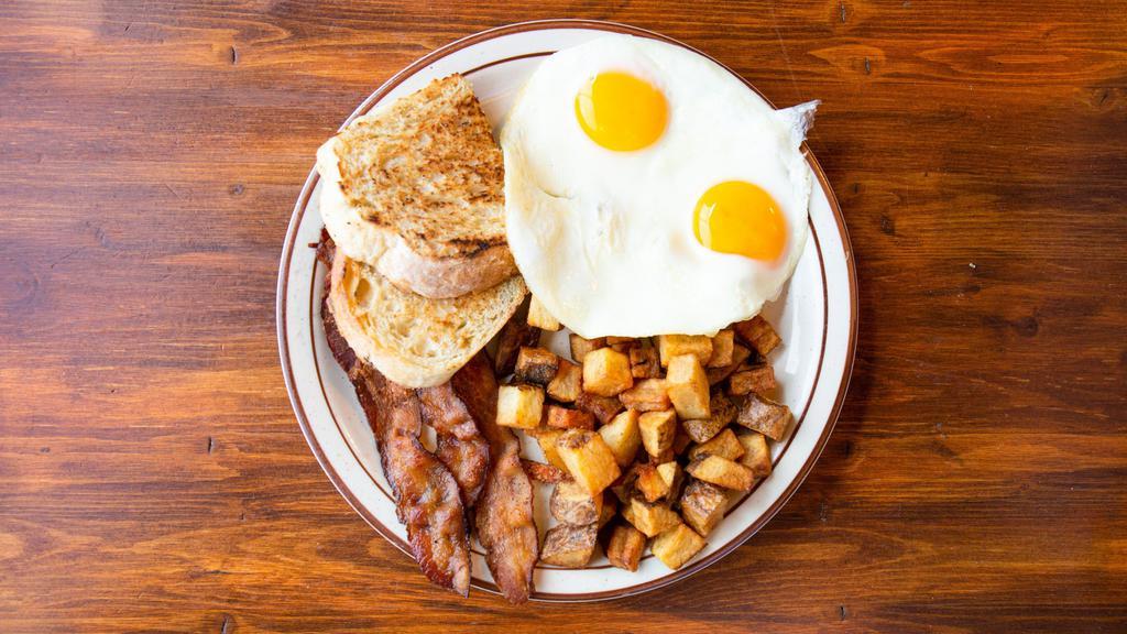 Bill'S Breakfast · 2 Eggs, Toast, Home Fries, & choice of Bacon or Sausage