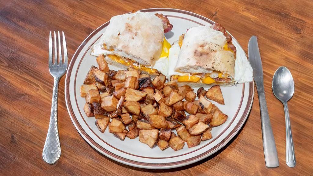 Cracked Egg Sandwich · 2 Eggs, choice of meat and cheese, & Home Fries on the side.
