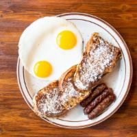 Union Pacific Style French Toast · 2 piece of Challah Bread, Cinnamon and Powdered Sugar, Served with 2 Eggs & choice of Bacon ...