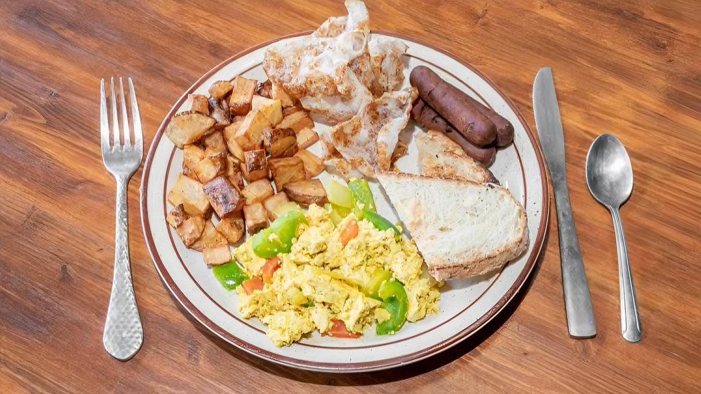 Vegan Bill'S Breakfast · Tofu scramble with onion, green pepper and red pepper, your choice of rice crackling or vegan sausage links, toast, and home fries.