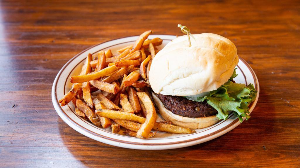 Bill'S Veggie Burger · Veggie Burger Patty, Lettuce, Tomato, Onion & Pickle with a side of French Fries.