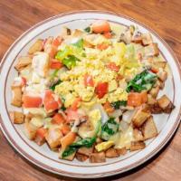 Ultimate Veggie Slinger · Home Fries, Green & Red Peppers, Onion, Mushroom, Spinach, Tomato, Jalapeno & Pico de Gallo ...